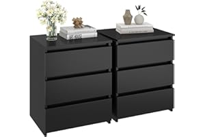 FOTOSOK Nightstand Set of 2 Black Nightstand with 3 Drawers, Black Bedside Table Night Stand for Bedroom with Cut-Out Handle, Sofa Side Table 3 Drawer Nightstand for Bedroom, 17.7W*15D*21.7H