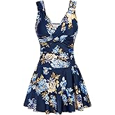 GRACE KARIN Women's One Piece Swimdress Tummy Control Bathing Suit V Neck Swimsuit Ruched Skirt Swimwear