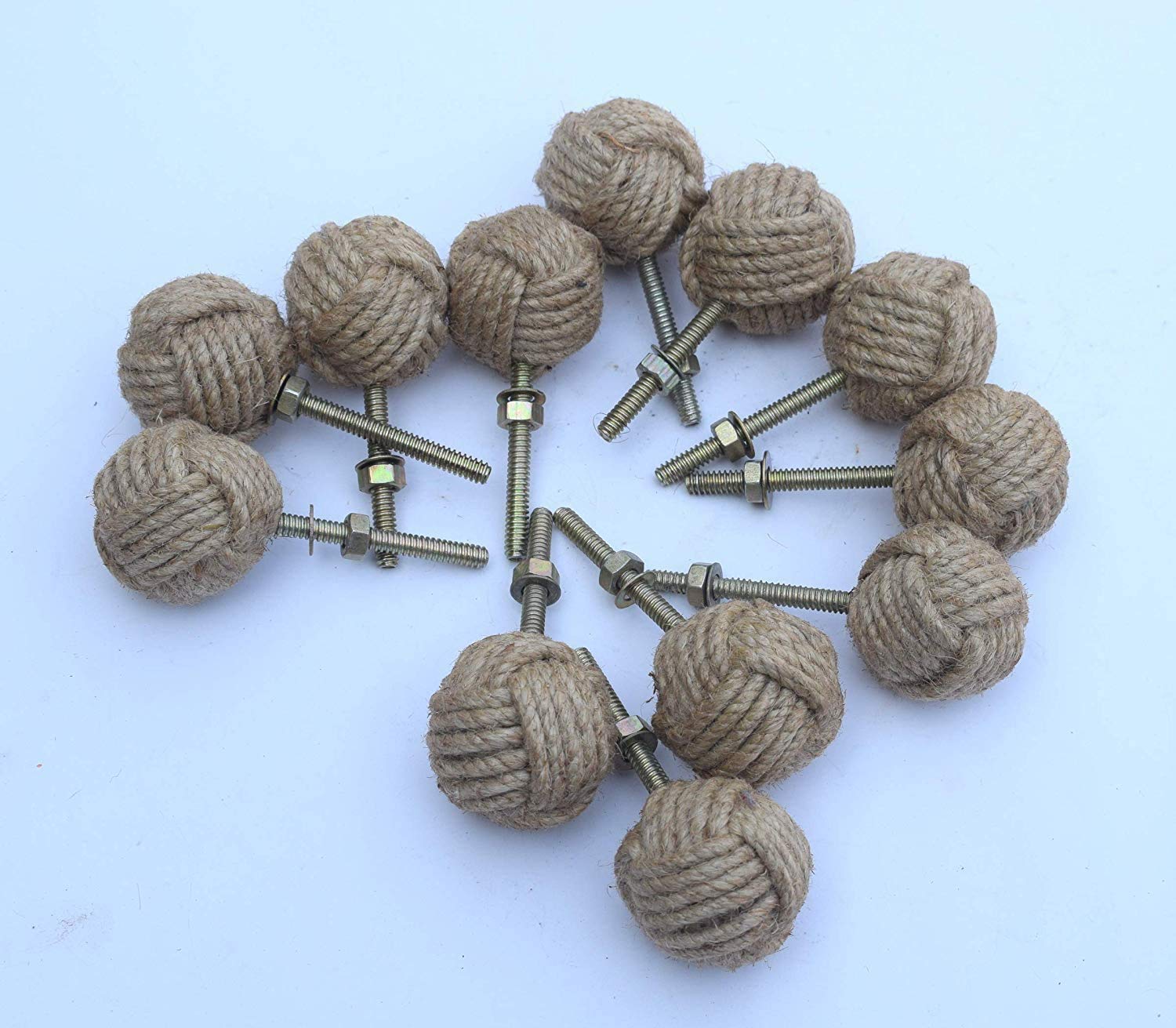 12 Knotty Door knobs - Nautical Drawer pulls - Jute Rope Drawer pulls