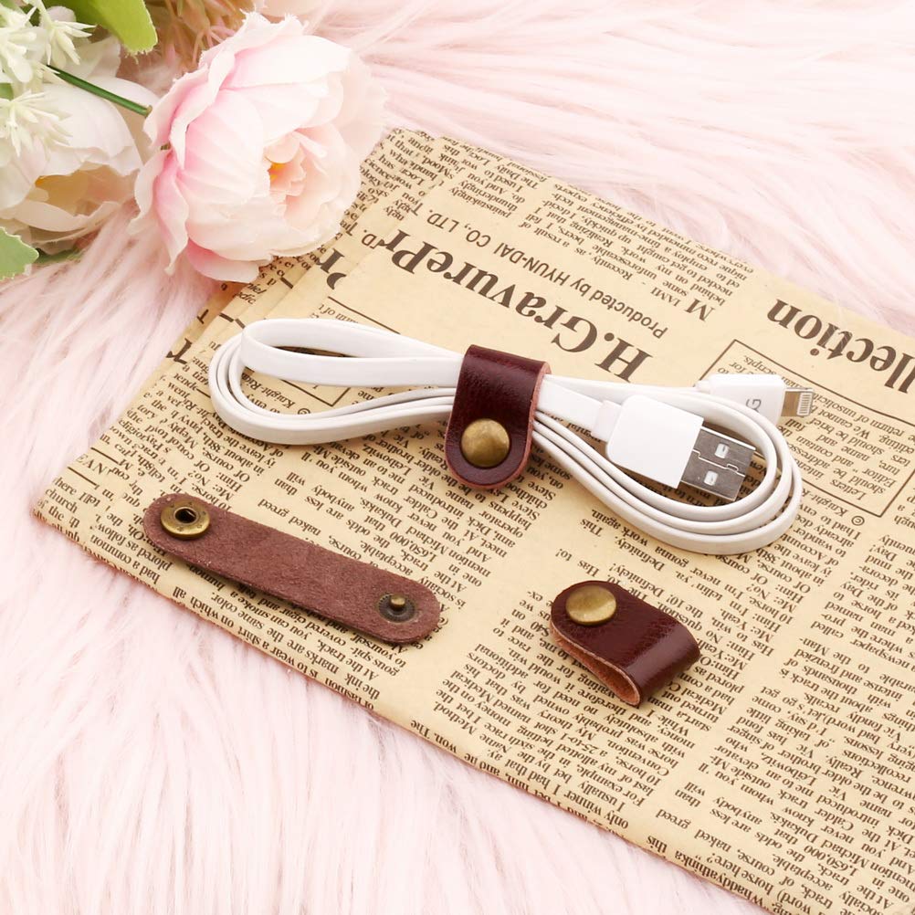 10 Pcs Cord Organizer, Portable Leather Cable Cord Stocking Stuffers for Men USB Straps Earphone Winder with Leather Handmade (Brown/white)