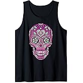 Colorful Purple And Mint Day Of The Dead Floral Sugar Skull Tank Top