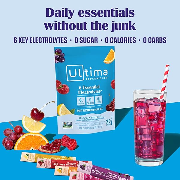 ULTIMA REPLENISHER DAILY ELECTROLYTE POWDER – ORIGINAL VARIETY PACK, 20 STICKPACKS – ZERO SUGAR HYDRATION PACKETS WITH 6 ELECTROLYTES AND MINERALS – SUGAR FREE, PLANT BASED & KETO FRIENDLY​ DRINK MIX