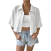 SHENHE Women's Oversized Button Down Short Sleeve Shirt Textured Collared Crop Top Blouse