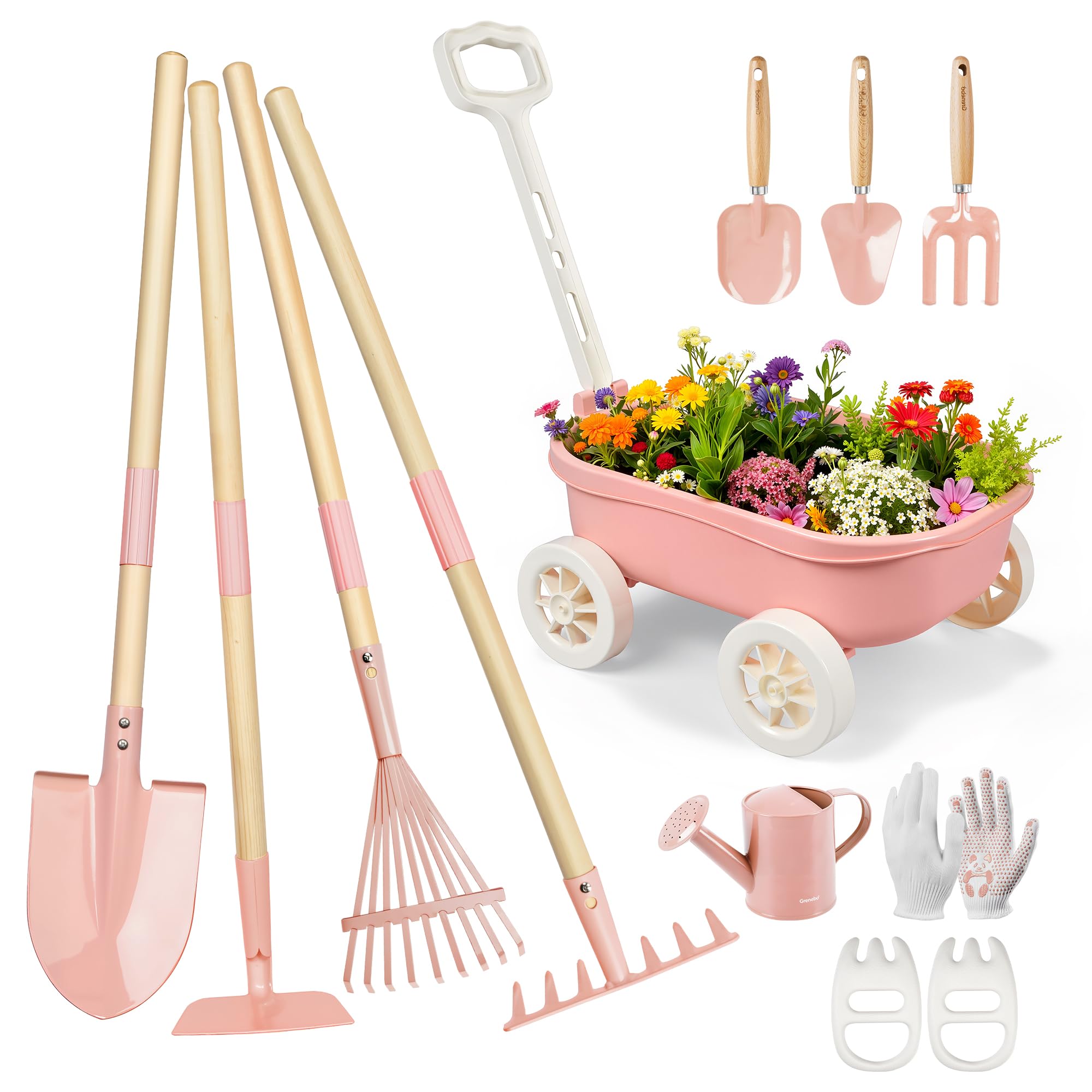 Grenebo Kids Gardening Set with Wheelbarrow, 11-Piece Outdoor Yard, Beach, STEM Garden Play Kit with Child-Sized Tools, Durable, Safe & Fun Gift Toy for Ages 2+ Kids Toddlers Boys Girls (Pink)