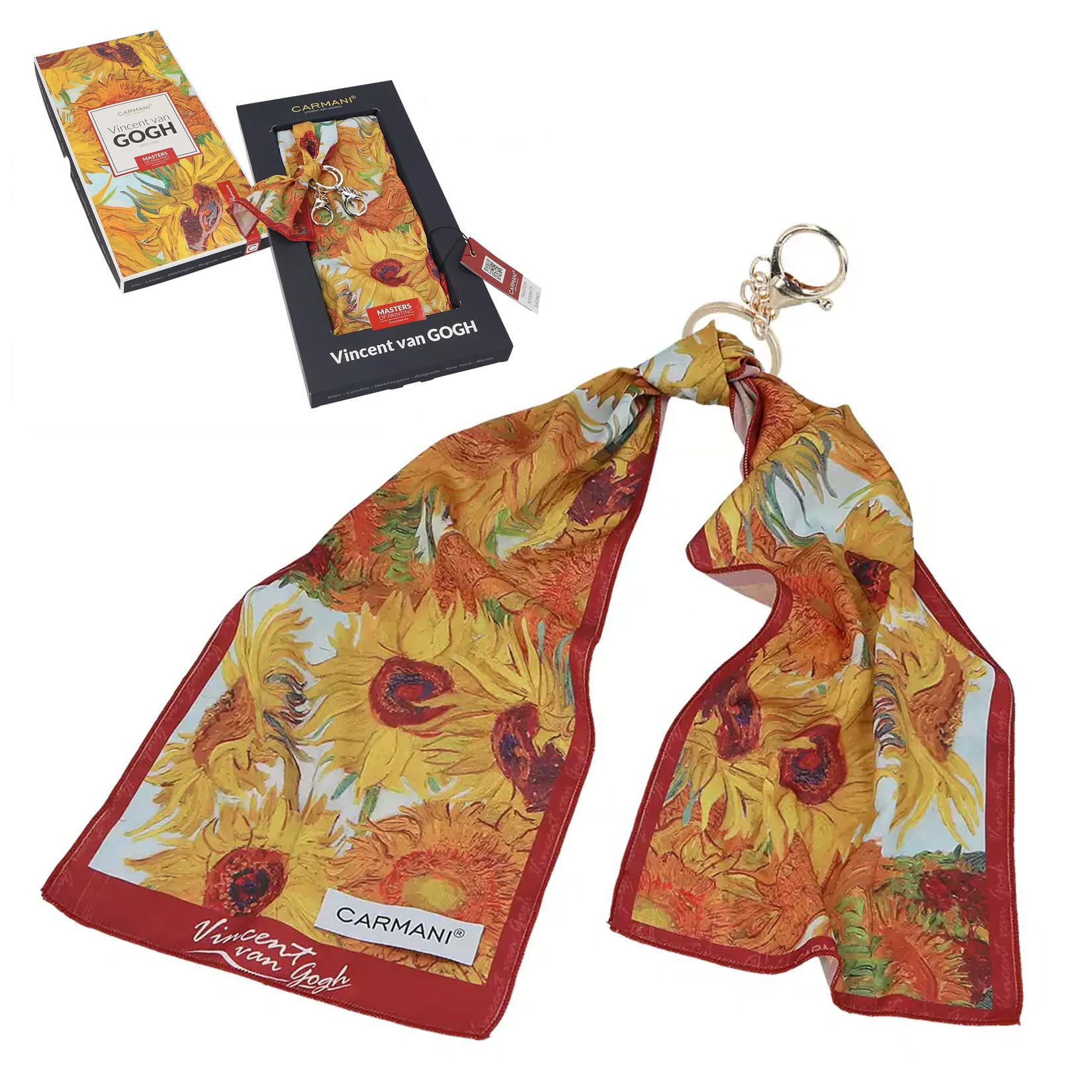 Carmani - Silk Ribbon Bag Pendant Keychain Purse Tote Bag Handbag decor Printed with Vincent van Gogh, Sunflowers