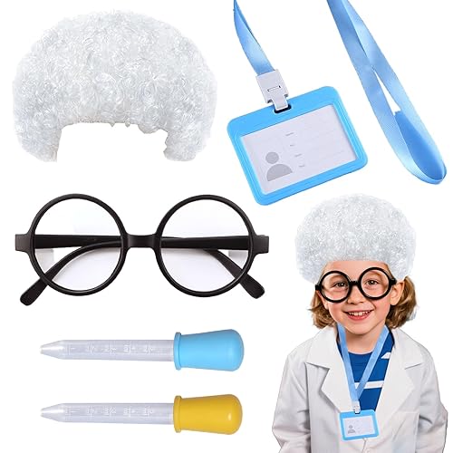 VGRDTW Scientist Costume Set for Kids 5 Pcs Dress Up with Droppers, Glasses, Wig & Work Card, Doctor Role Play Outfit for Boys Girls Cosplay Festival Parties