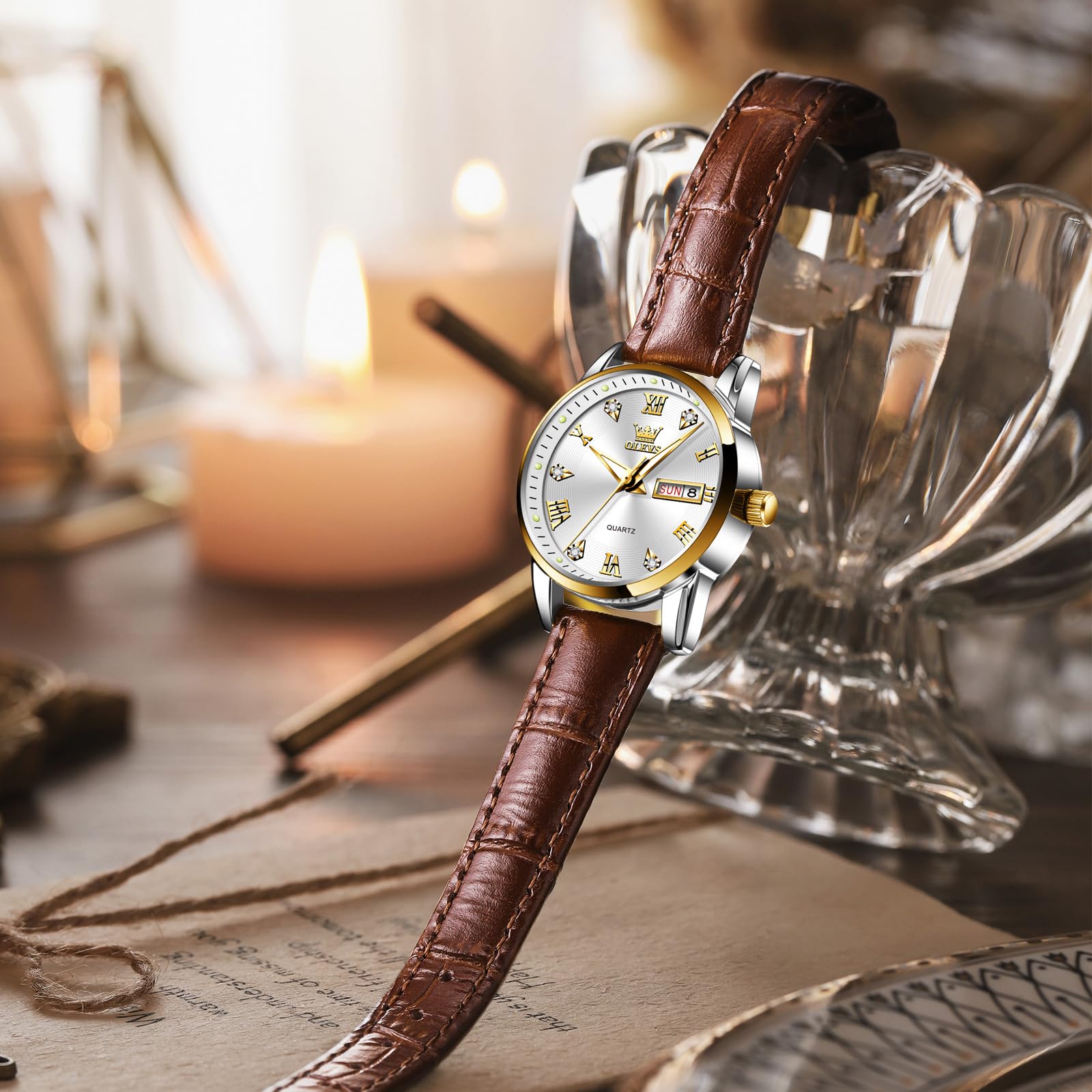 OLEVS Classic Leather Watches for Women, Business Dress Diamond Roman Arabic Numerals Ladies Watches, Day Date Waterproof Analog Quartz Womens Wrist Watches Brown Leather Strap Relojes para Mujer