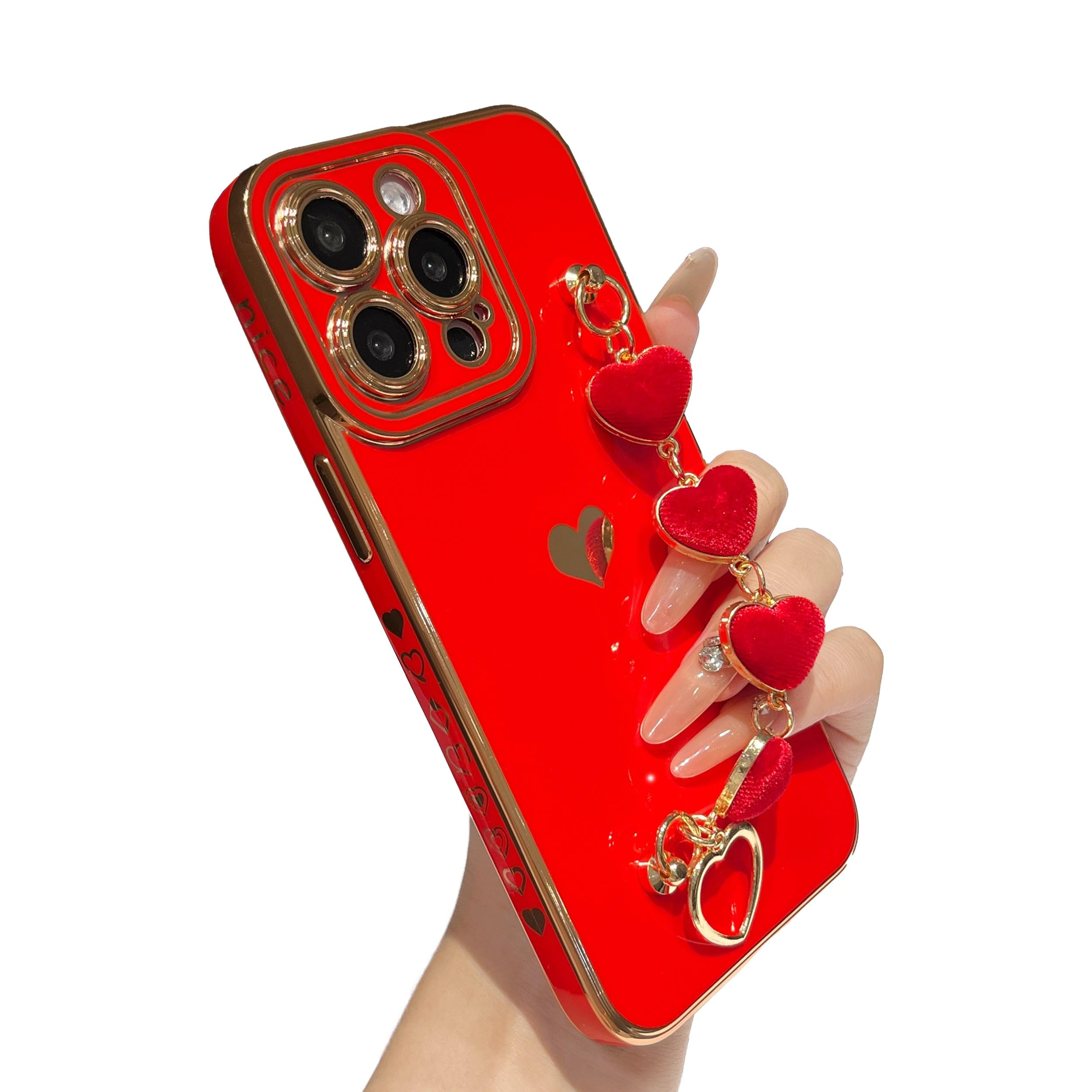 Caseative for iPhone 14 Pro Max Case,Cute Plating Love Heart Wrist Strap Chain Bracelet Phone Case (Red)