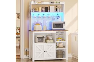 Itaar 35.4 inch Bakers Rack with Power Outlet and Storage, Farmhouse Coffee Bar Cabinet, Microwave Stand Kitchen Cabinet with Hutch, LED Lights, Wine Glass Holder and 8 Hooks，White