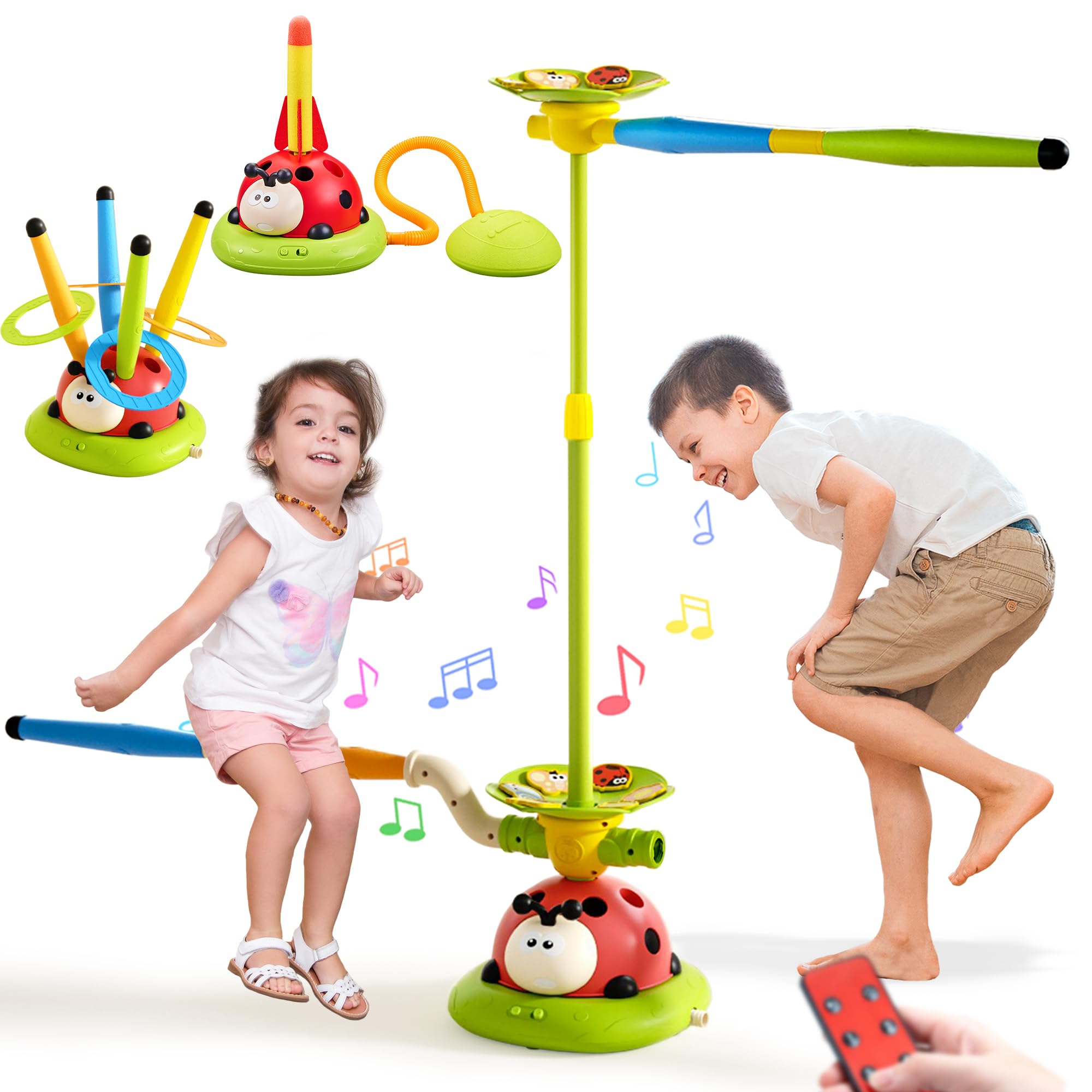 Pobaiyi 5 in 1 Musical Jump Toys, Toss Ring Game Stomping Launch Rocket Launcher for Kids, Obstacle Avoidance & Jump Squating Toy Games Remote Control Outdoor & Indoor Toys for Ages 4-8 8-13