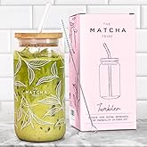 Matcha Cup 16oz Glass Tumbler with Lid and Straw, Borosilicate Matcha Mug, Reusable BPA Free, Heat Resistant for Hot & Iced Drinks, Matcha Gift for Women & Tea Lovers