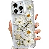 LSEEKA for iPhone 13 Pro Max Clear Case with Pressed Real Flowers Design,Glitter Cute White Floral Pattern Slim Soft TPU Protective Women Girl's Phone Cover for iPhone 13 Pro Max