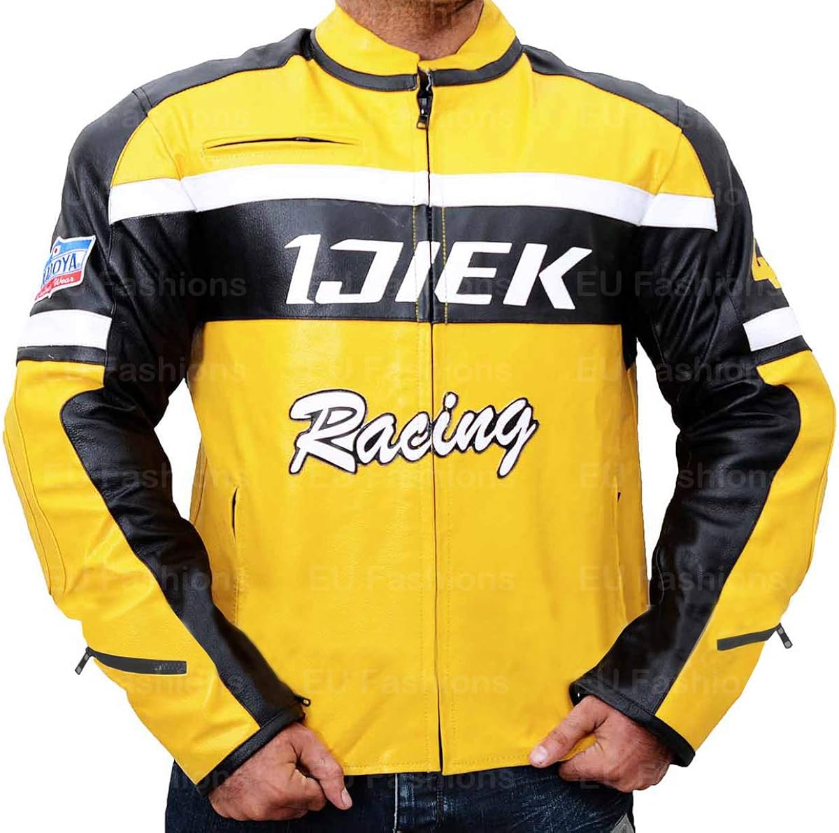 EU Fashions Mens Biker Racer Motorbike Yellow/Black Motorcycle Leather
