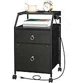 HOOBRO 2-Drawer Mobile File Cabinet, Filing Cabinet with Charging Station, Rolling Printer Stand with Open Storage Shelf, fits A4/Letter-Size for Home Office, Nonwovens Drawer, Black BB10UWJ01