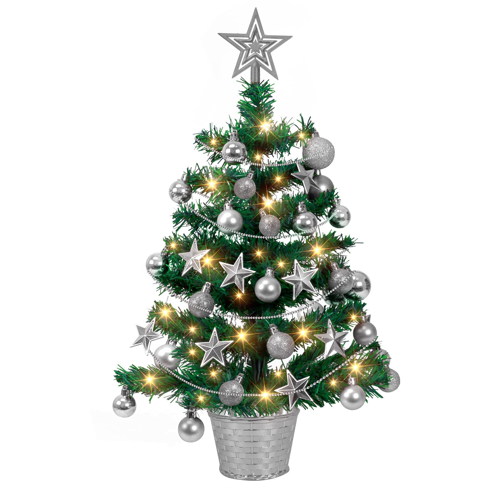 Tabletop Mini Christmas Tree Lighted,Small Artificial Christmas Tree Desktop Xmas Tree with Topper Stars and Balls Ornaments for Indoor DIY Office Decor(50cm)