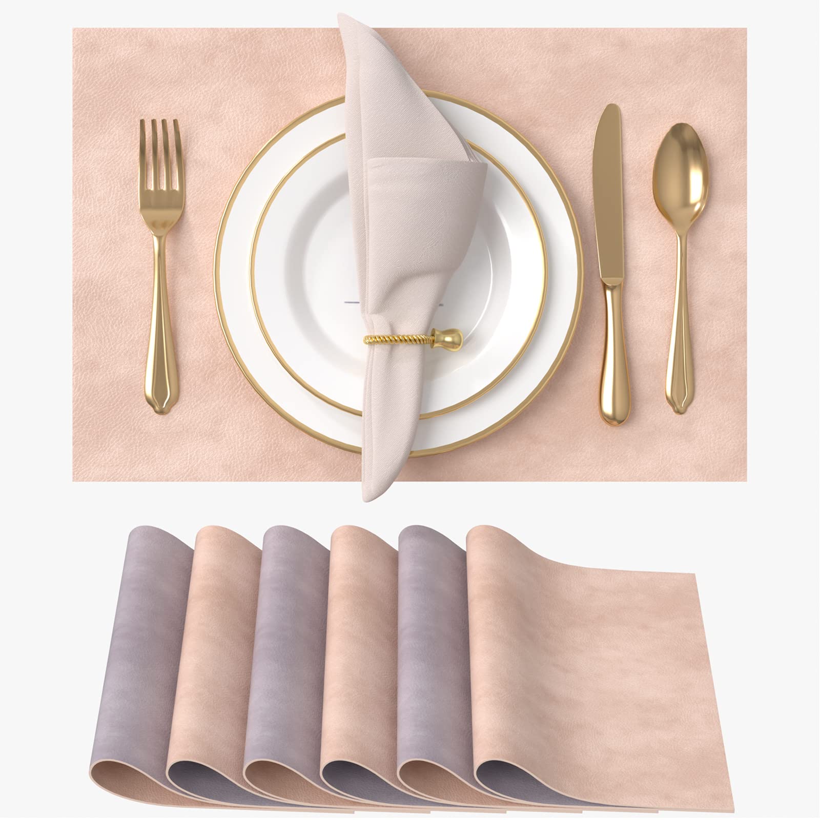 Vitare Placemats, Table Mats Set of 6, Heat Resistant Mat Non-slip and Easy to Clean, Two-color Table Mats PU Leather, 45×30cm-Pink & Lilac