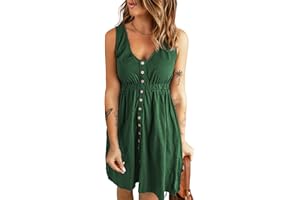 ANGGREK Summer Dresses for Women Casual Sleeveless V Neck Button Down Midi Dresses Casual Elastic Waist Tank Dress
