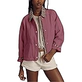 Aimiray Cropped Bomber Jacket Women Zip up Plaid Barn Jacket Casual Gingham Fall Coats with Pockets