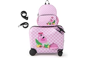 KOTEK Kids Ride on Suitcase, 18” Hardshell Carry-on Luggage with Wheels & Footrest, 12” Backpack with Anti-Lost Rope & Carry 