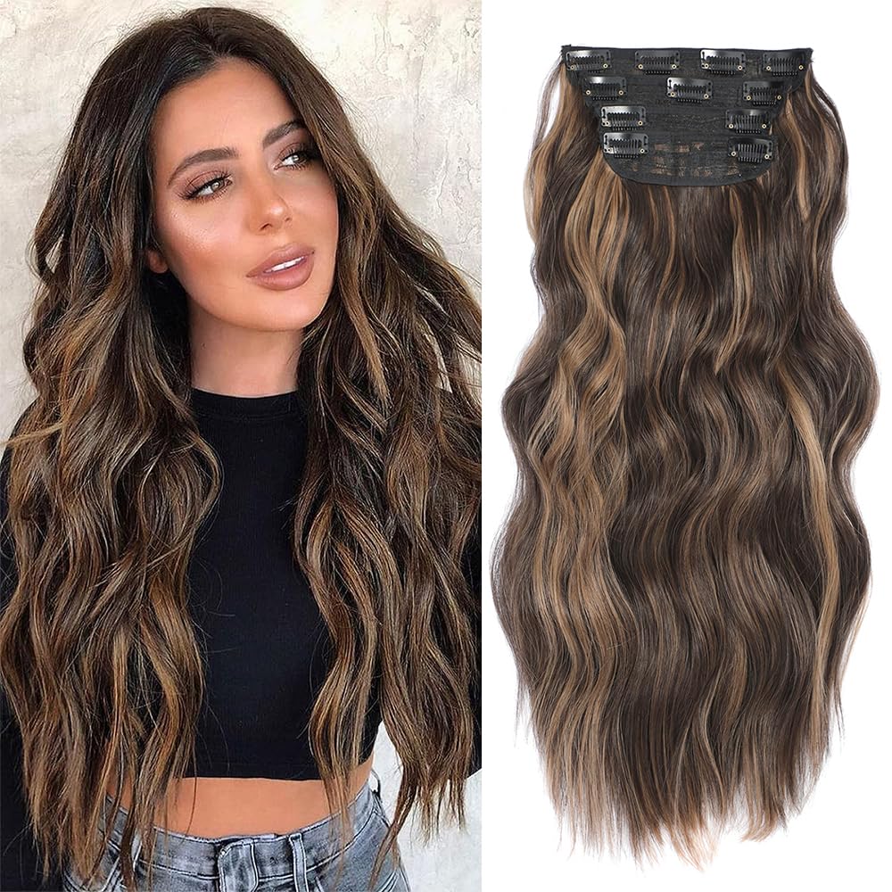 Hair Extensions Clip In 20Inch Long Wavy Hair Extensions 4Pcs Synthetic Full Head Hairpieces Seamless Weft for Natural Volume for Daily Use & Any Occasions Weft for Natural Volume Honey Brown Balayge — image 1