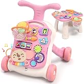 QDRAGON 3 in 1 Toddler Walker Activity Center for Girl 12-18 Months Pink | Toddler Push Walker, Sit to Stand Learning to Walk, Early Educational Push Toys with Music Panel for Toddler