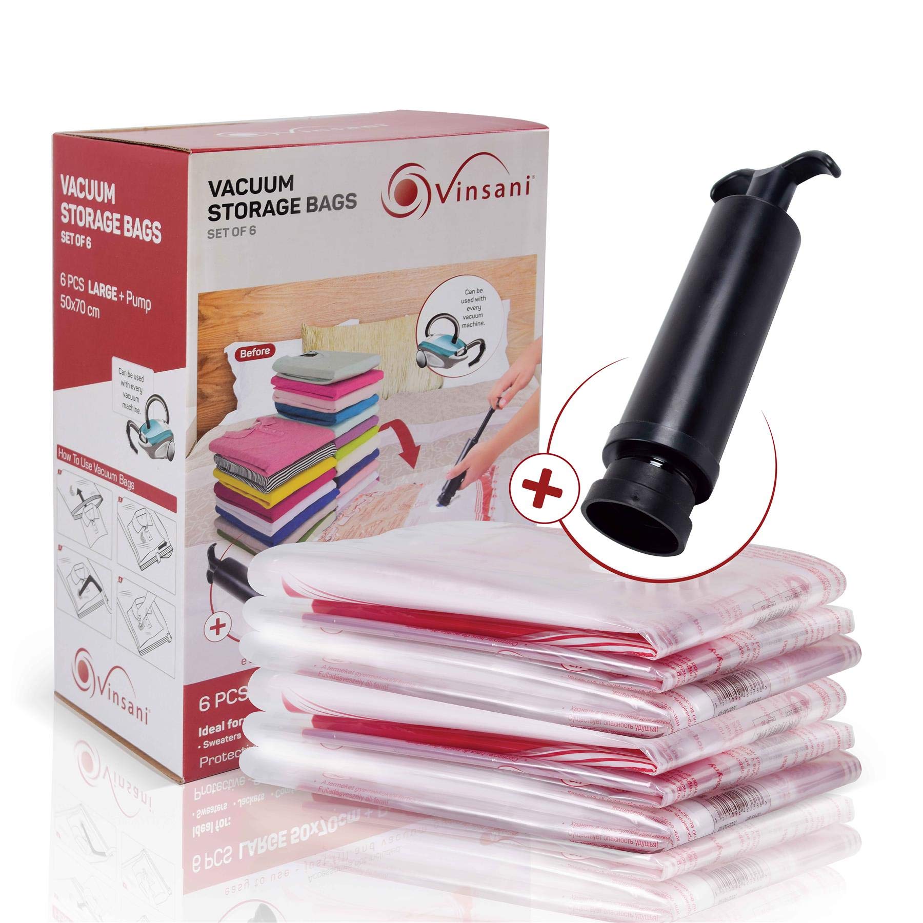 Vinsani 6 Pack Reusable Vacuum Storage Bags With Double-Zip Seal & Triple Seal Turbo-Valve for Max Space Saving, Large 50x70cm + Hand Pump Included