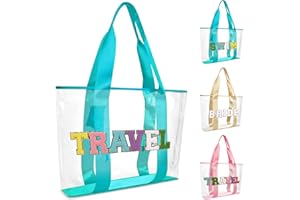 izuzta Large Chenille Letter Clear Beach Bag Tote for Women Vacation, Waterproof Sandproof Beach Pool PVC Makeup Handbag