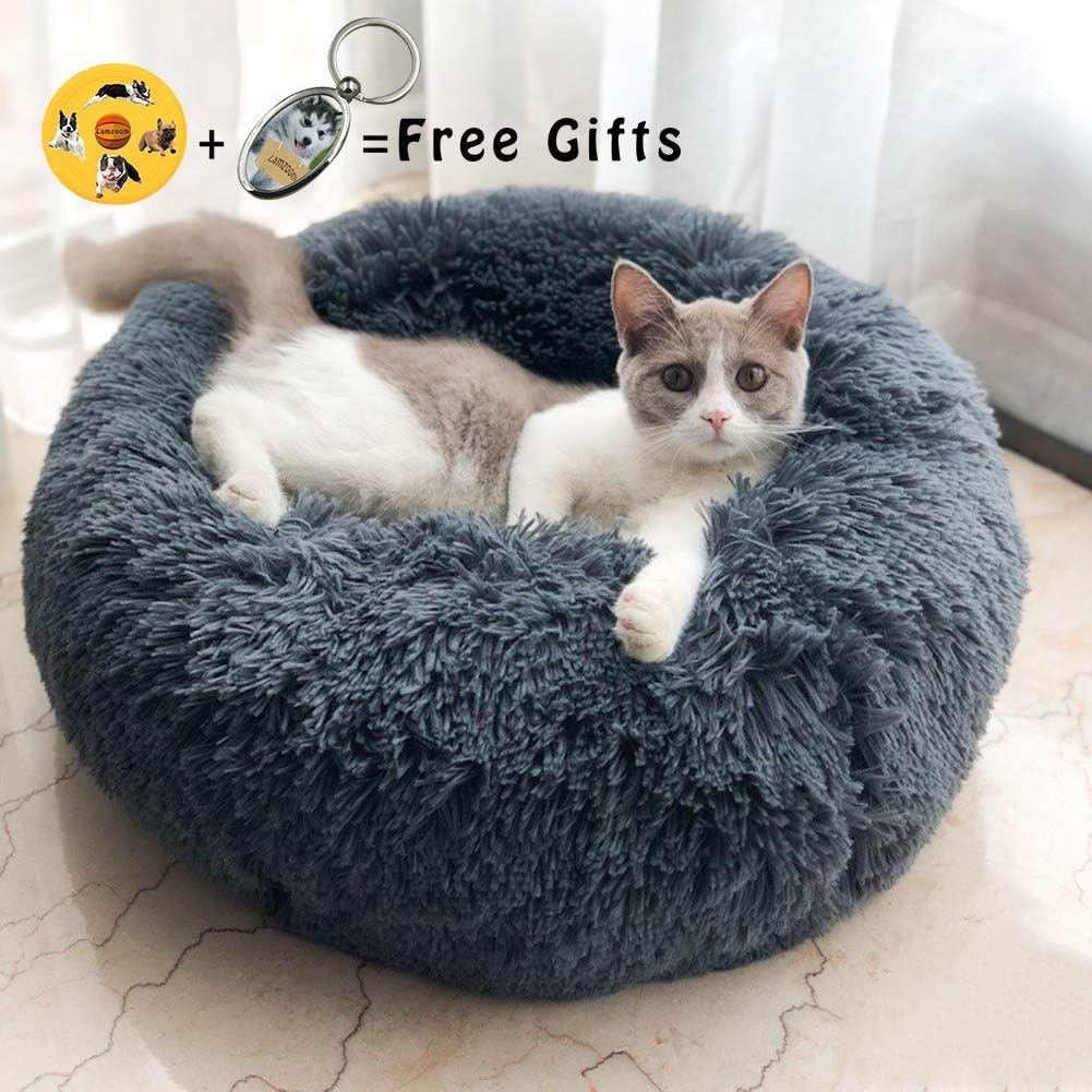 Lamzoom Dog Bed Warm Soft Plush Comfortable Pet Bed,Washable Waterproof Round Plush Donut Cats Nest Bed Soft Cushion (100cm in diameter, darkgrey)
