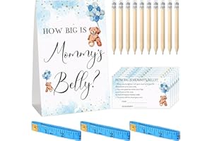 Sabary 64 Pcs Baby Shower Games Include How Big is Mommy's Belly Sign Measure Bump Game 50 Cards 10 Pencils 3 Measuring Tapes for Baby Shower Gender Reveal Party Supplies(Blue Bear)