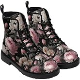Maimeili Women Printed Ankle Boots with Flowers Rose Skull Stylish Colorful Casual Platform Leather Combat Floral Booties Travel Everyday Party Halloween Christmas