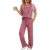 JiniGolla Women's Ribbed Knit Pajama Set 2 Piece Matching Pj Set Short Sleeve Top and Pants Lounge Set with Pockets