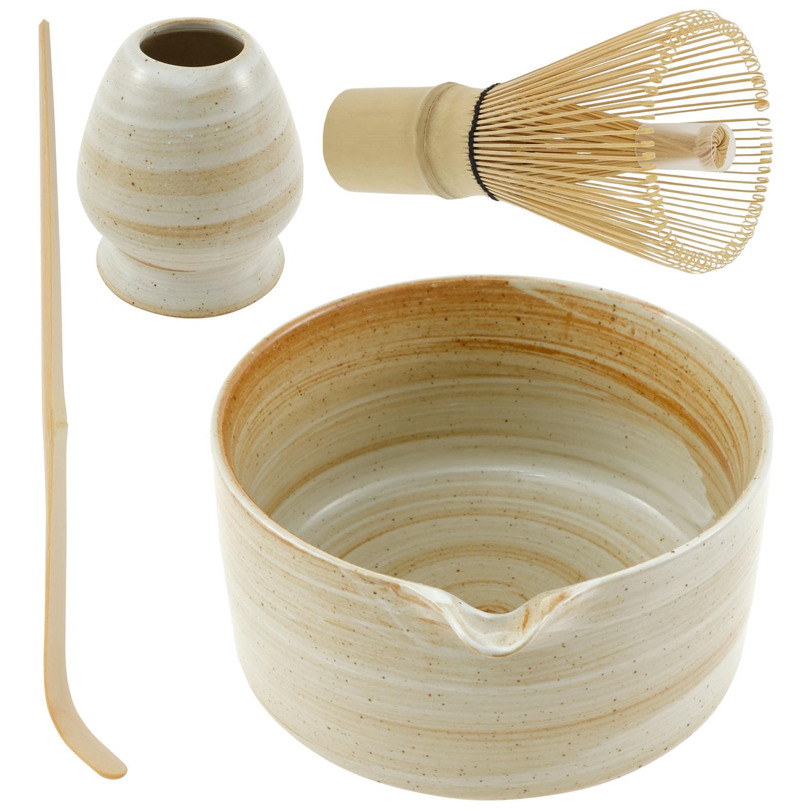 4Pcs Matcha Whisk Set, Japanese Matcha Tea Set,Ceramic Matcha Bowl Matcha Whisks Holder Bamboo Matcha Whisk and Bamboo Scoop Handmade Matcha Ceremony Kit for Tea Lovers (E)