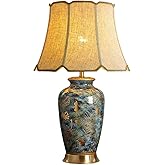 CEKUXPS Blue Hand-Painted Ceramic Table Lamp Gold Flower Beside Lamps American Halo Ceramic Lamp Body with Fabric lampshade N