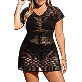 Aqua Eve Plus Size Swimsuit Cover Up for Women-Crochet Beach Dress V Neck Tie Waist Bathing Suit Cover Up