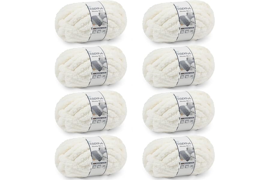 Cozyful Chunky Yarn for Hand Knitting - #10 Chunky Chenille Yarn, Jumbo Big Thick Chunky Yarns for Crocheting, Super Bulky Chunky Knit Blanket Yarns, 8 Skein (25 yds 8 oz Each Skein), Cream