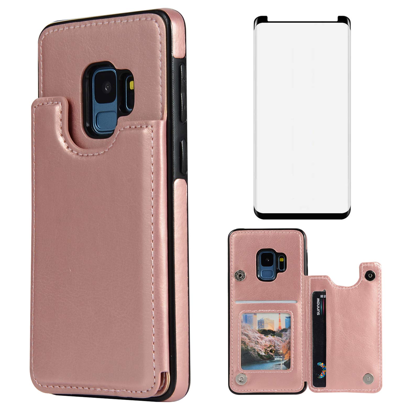 Asuwish Compatible with Samsung Galaxy S9 Wallet Case Tempered Glass Screen Protector Card Holder Stand Leather Flip Cell Accessories Cover Phone Cases for Glaxay S 9 Edge 9S GS9 Women Men Rose Gold