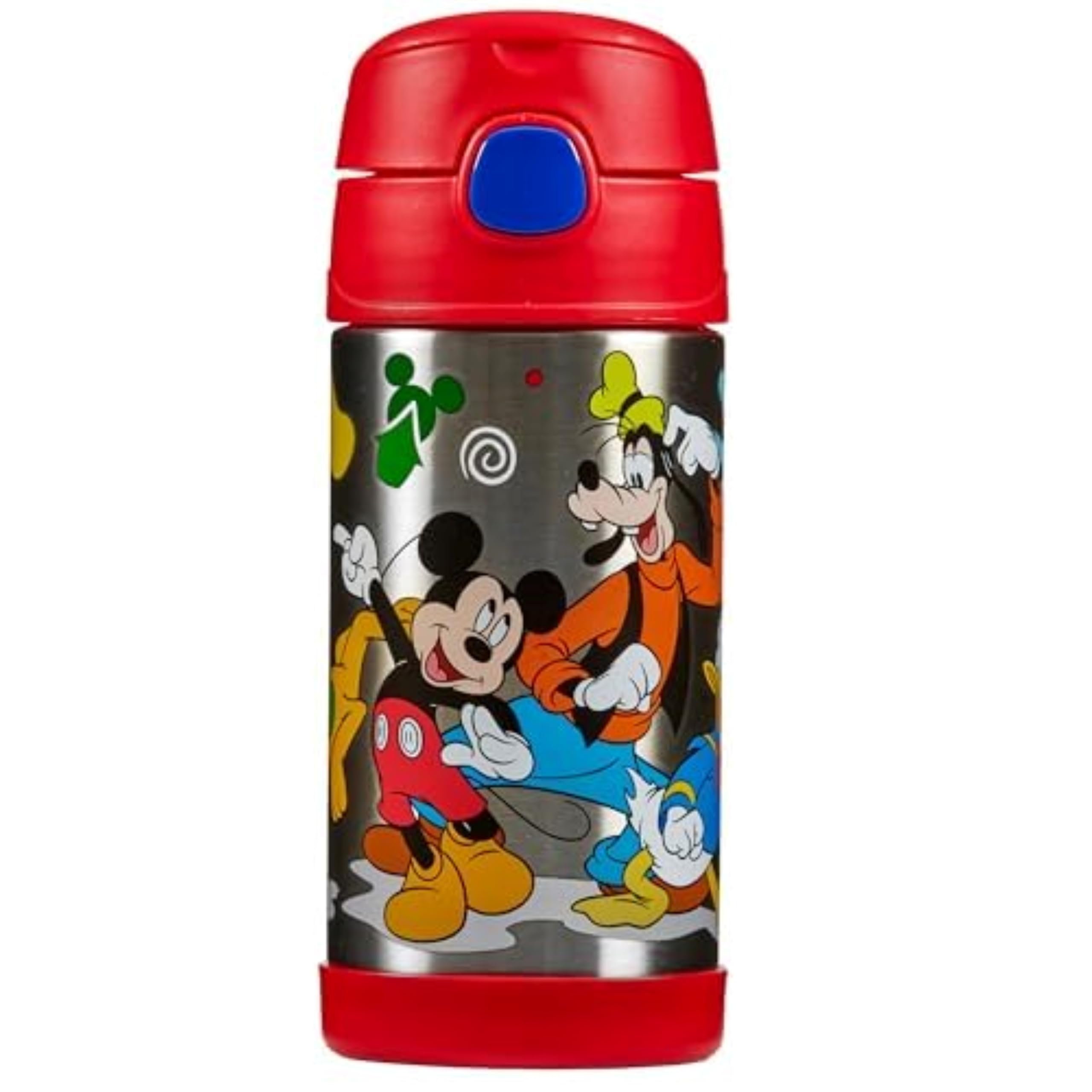 Thermos - Mickey & Friends Water Bottle (355ml) - BPA Free, Stainless Steel, Spill Proof, Pop-Up Straw, Disney Kids Flask with Personalised Name Labels & Carry Handle for 12-Hour Cold Drinks