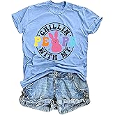 HQP Easter Shirts Women Bunny Shirt: Chillin with My Peeps Short Sleeve Rabbit Graphic Tee Easter Gift Tops