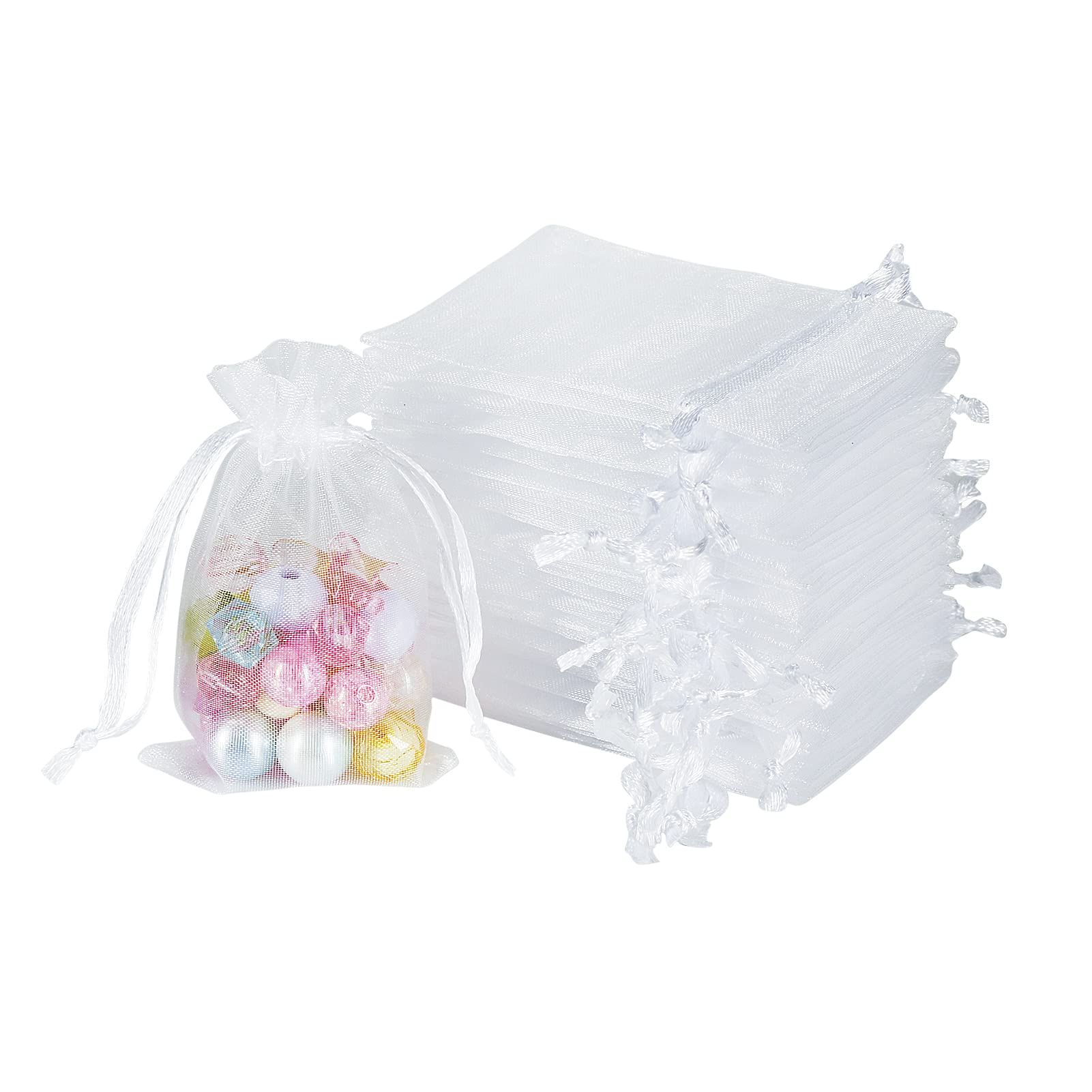 YQL 100PCS White Mini Organza Bags Small, 5X8cm Little Mesh Bags Drawstring for Jewelry Packaging Gifts Wedding Favour Party Baby Shower Valentine Christmas Festival Packing