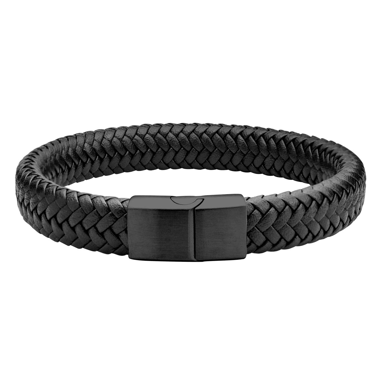 555Jewelry Mens Bracelets Leather and Steel, Magnetic Clasp Braided Black Leather Bracelets for Men, Mens Leather Bracelet, Men Bracelets, Black, 9 Inch