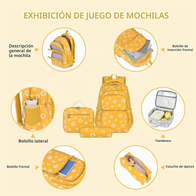 Mochila escolar para raparigas, adolescentes, mulheres, mochila escolar, conjunto de mochila escolar para raparigas, escola, tempo livre, com saco e mala para almoço, amarela, mochila para crianças — foto 4 de 8