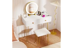 CHARMAID Vanity Desk with LED Lighted Mirror & Charging Station, 2 Drawers, 3 Color Lighting, Metal Legs, Modern Makeup Vanit