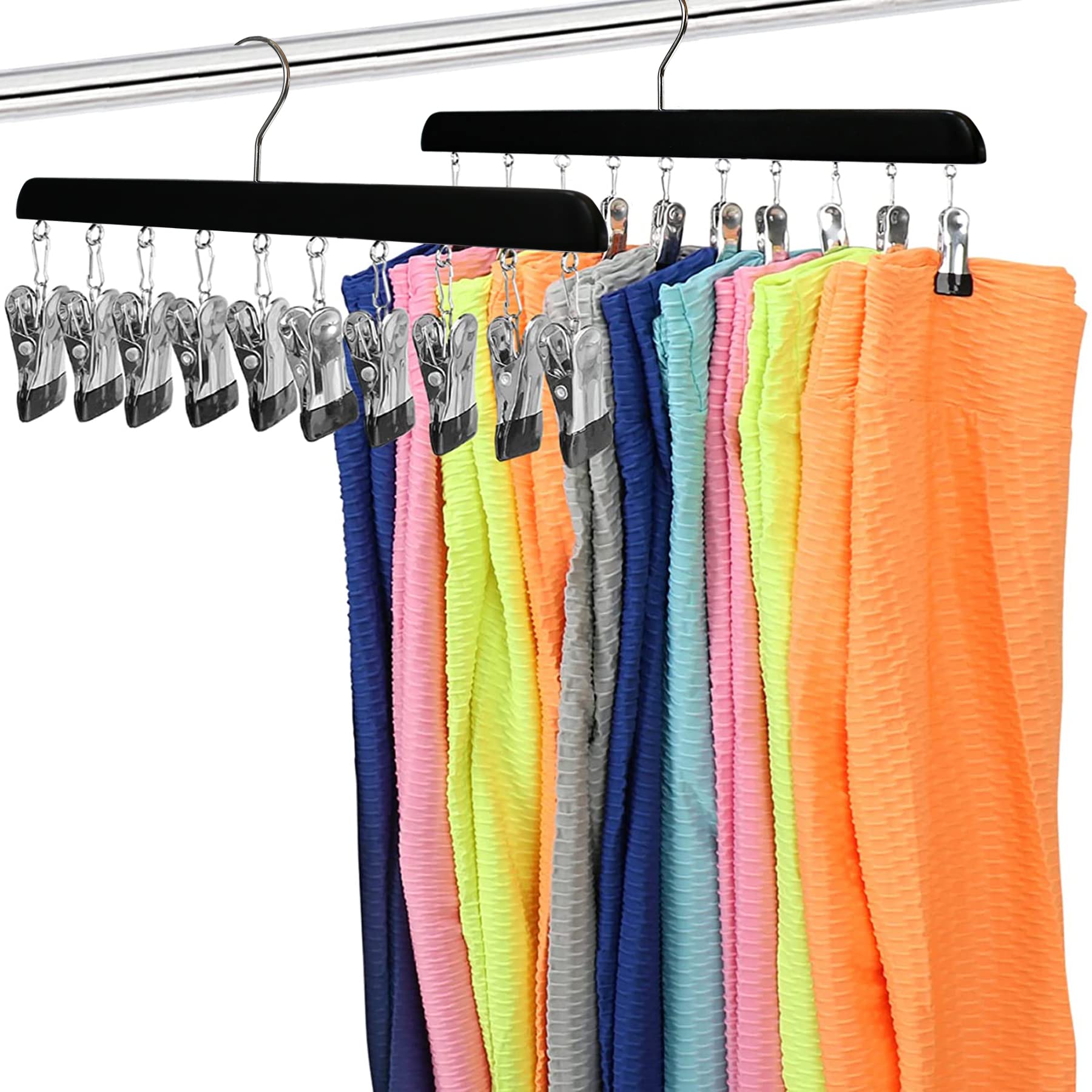 Baoswi 2 Pack Legging Organiser for Closet, Wooden Hangers with 360°Rotation Clips Holds 20 Leggings Trousers, Black Rubber Coated Hanging Closet Organiser — image 1
