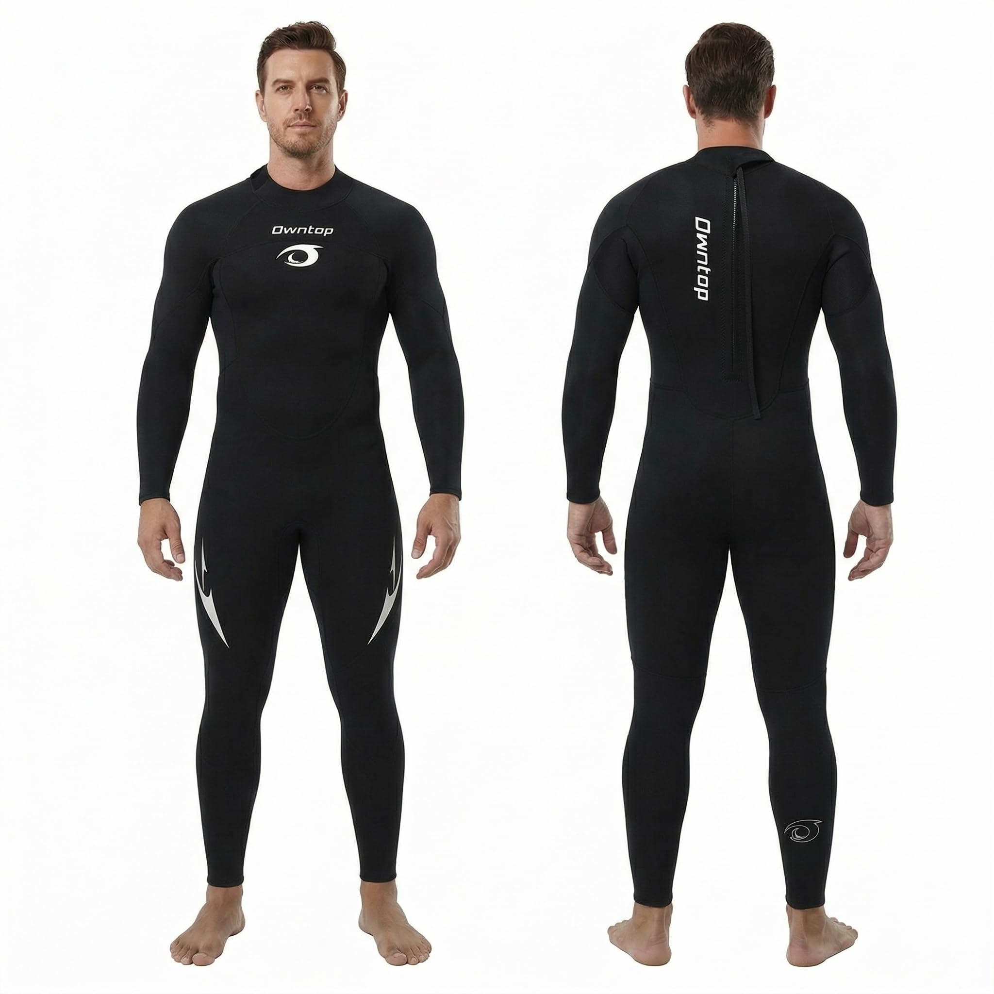 Owntop Men's Full Length 3/2mm Wetsuit, Ultra-Stretch Long Sleeve Winter Wetsuit, Back Zip Adult Neoprene Surfing Diving Wet Suit, Men Black 3XL