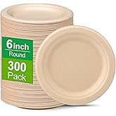 Greconv 300 Pack 6 inch Paper Plates, Small Paper Plates Bulk, Disposable Dessert Paper Plates, Compostable Plates Made from Sugarcane Fibers, Recycled Plates, Brown