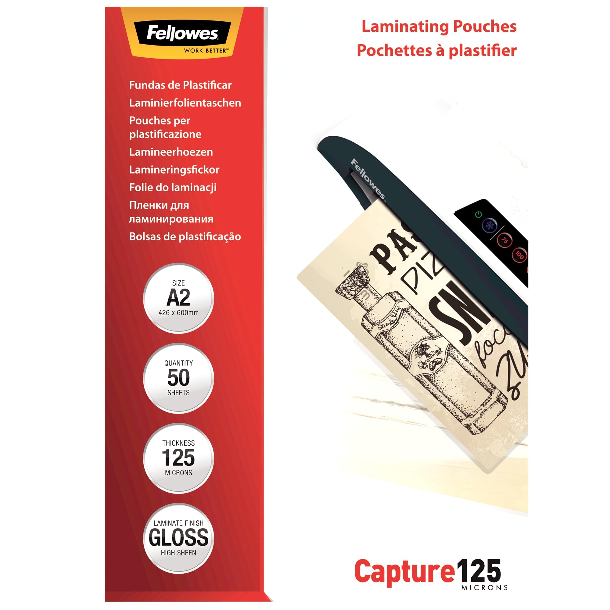 Fellowes Capture A2 125 Micron Glossy Laminating Pouches (Pack of 50) — image 1