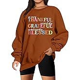 ALLTB Thankful Grateful Blessed Sweatshirt Women Thanksgiving Oversized Long Sleeve Pullover Fall Crewneck Tee Tops