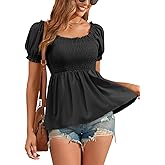 Womens Puff Short Sleeve Babydoll Tops 2025 Summer Smocked Square Neck Peplum Blouse Loose Fit Ruffle Dressy Tee Shirts