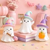 3 Pcs Pink Halloween Ghost Figurines with Pumpkin for Table Halloween Decor | Cute Boo Ghost Figurines,3.5" Resin Pastel Ghost with Witches Broom for Table, Tiered Trays, Mantels, Shelves Decoration