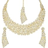 Aheli Elegant Wedding Faux White Stones Necklace with Maang Tikka Ethnic Indian Fashion Bharatanatyam jewellery Set Gift for Women